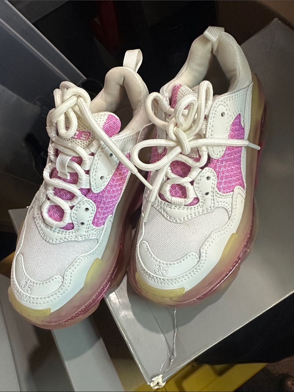 Balenciaga White and Pink Triple S Chunky Sneakers - Picture 8 of 16